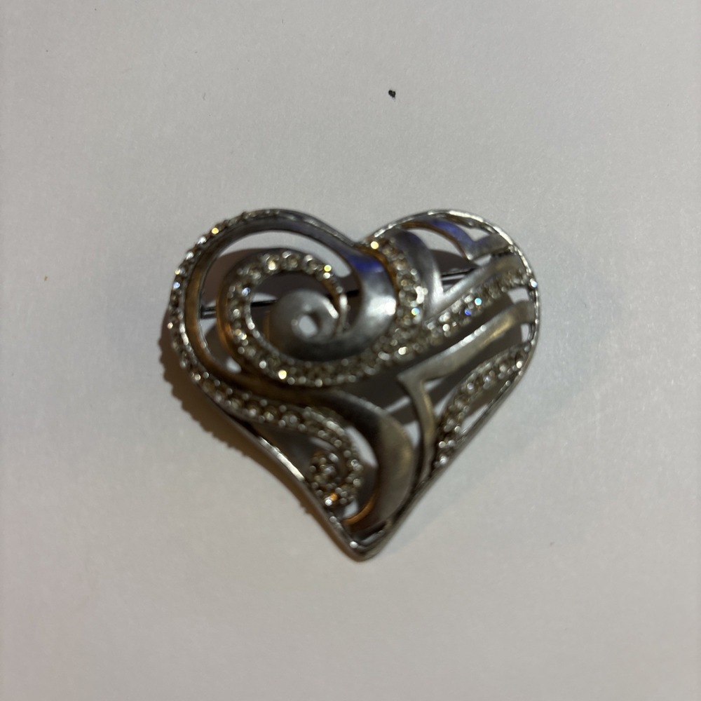 Chico's AHA 2008 Heart Brooch Silver Gold Tone Rhinestone Swirl Signed